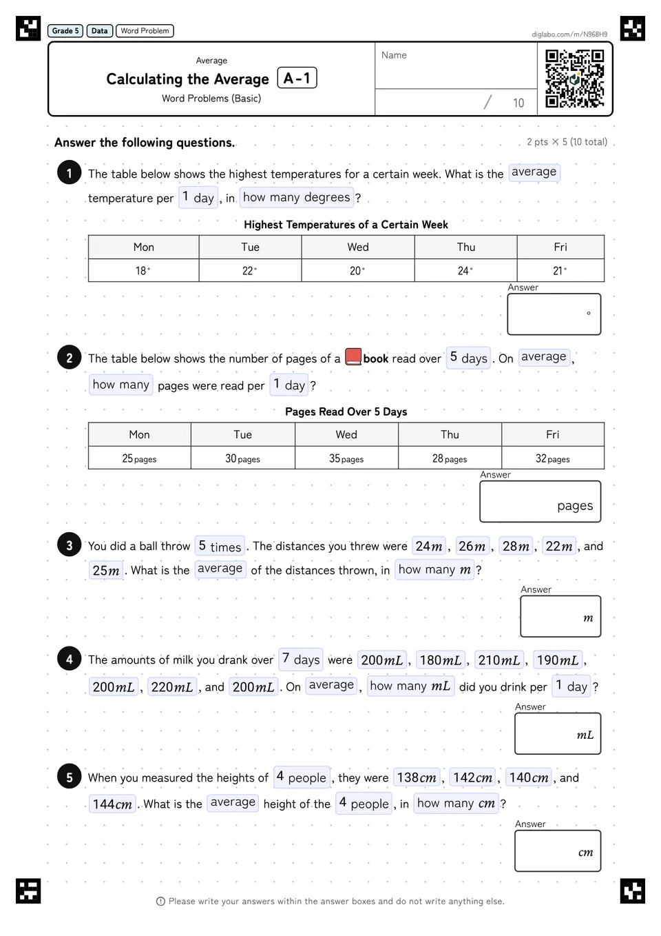 Grade 5 (Elementary School) Average Calculating the Average