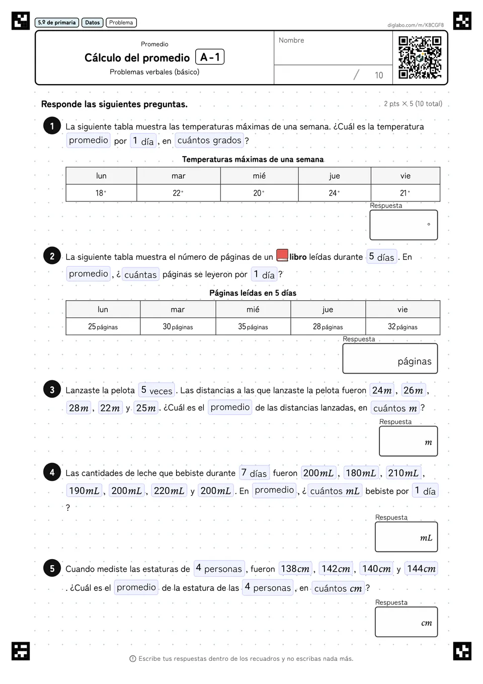 5.º de primaria Promedio Cálculo del promedio