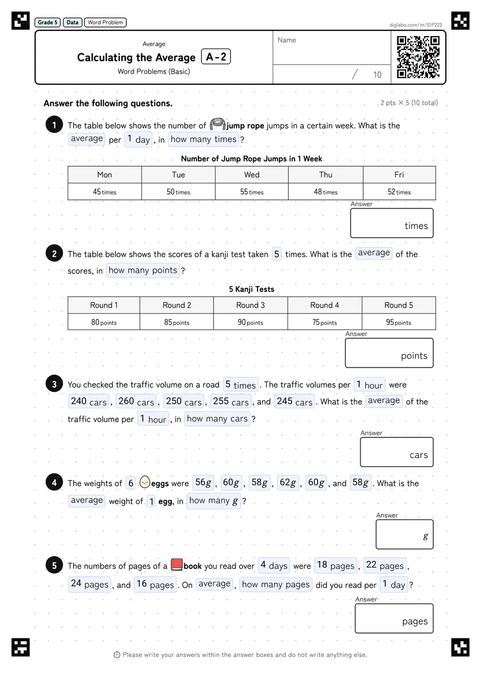Grade 5 (Elementary School) Average Calculating the Average