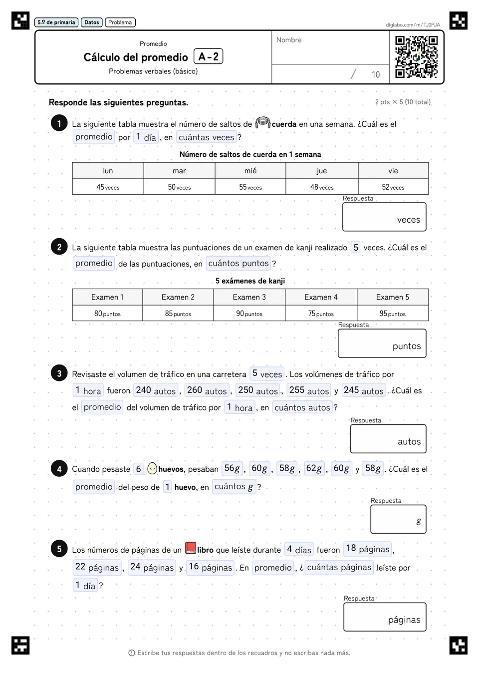 5.º de primaria Promedio Cálculo del promedio