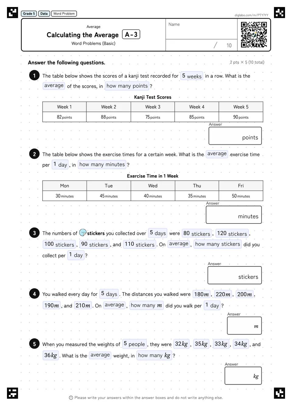 Grade 5 (Elementary School) Average Calculating the Average