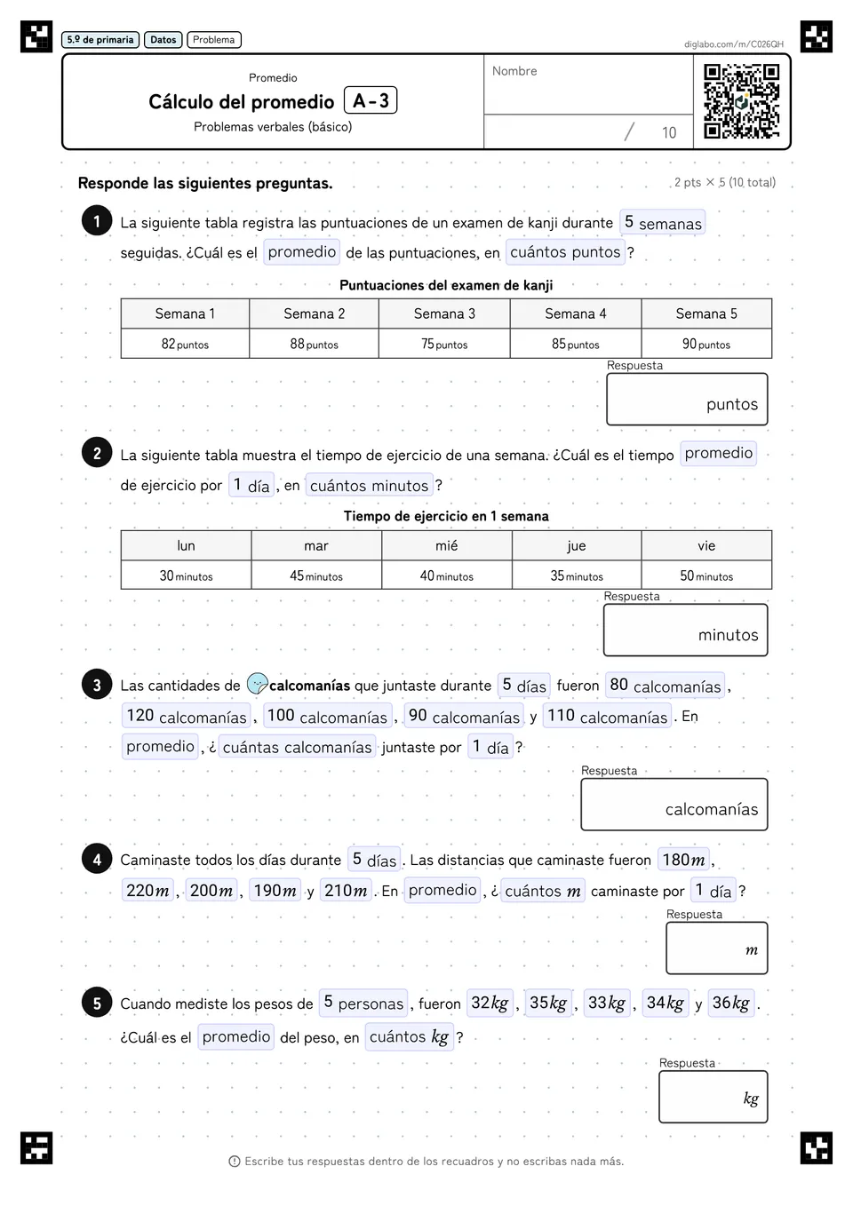 5.º de primaria Promedio Cálculo del promedio