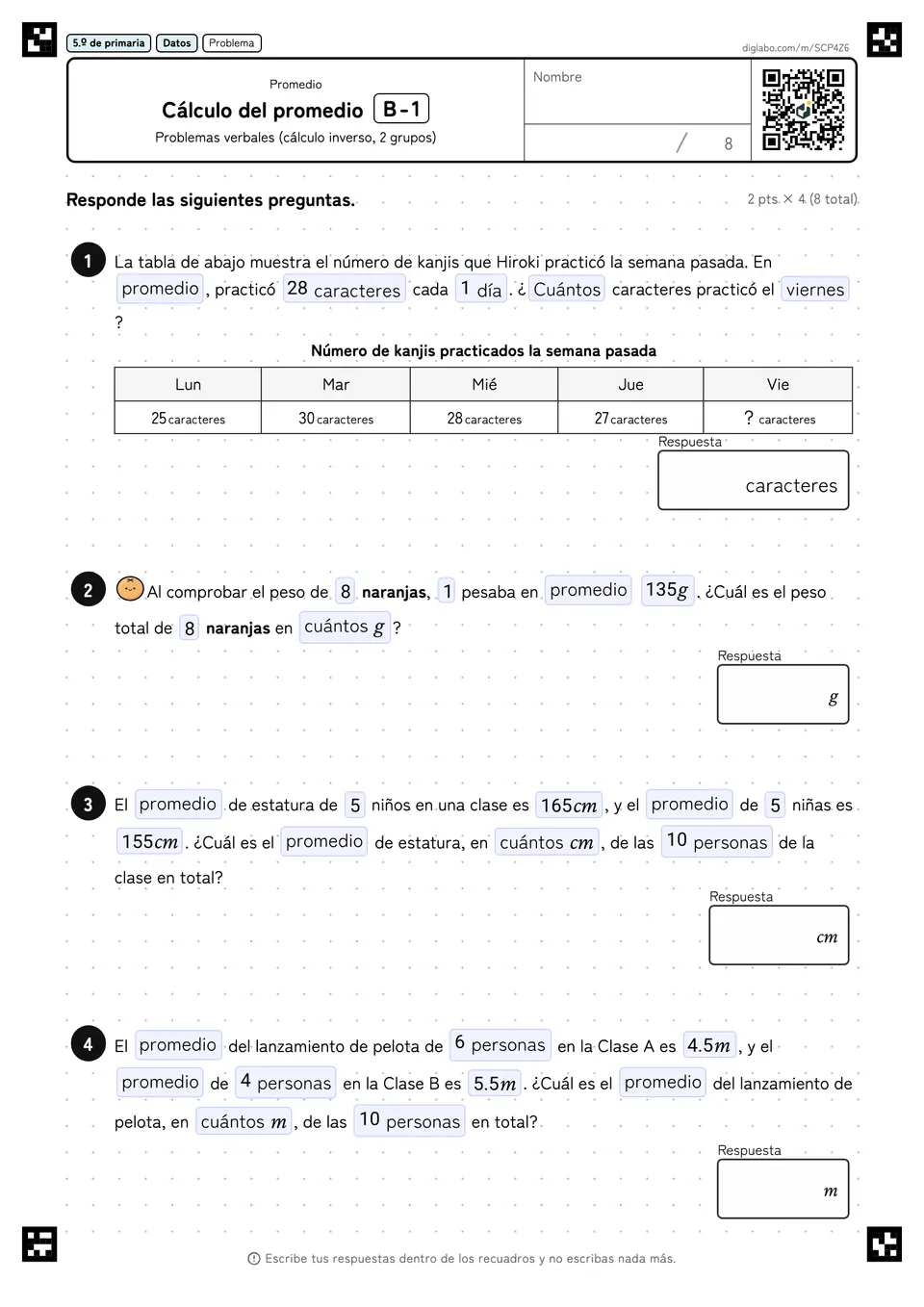 5.º de primaria Promedio Cálculo del promedio
