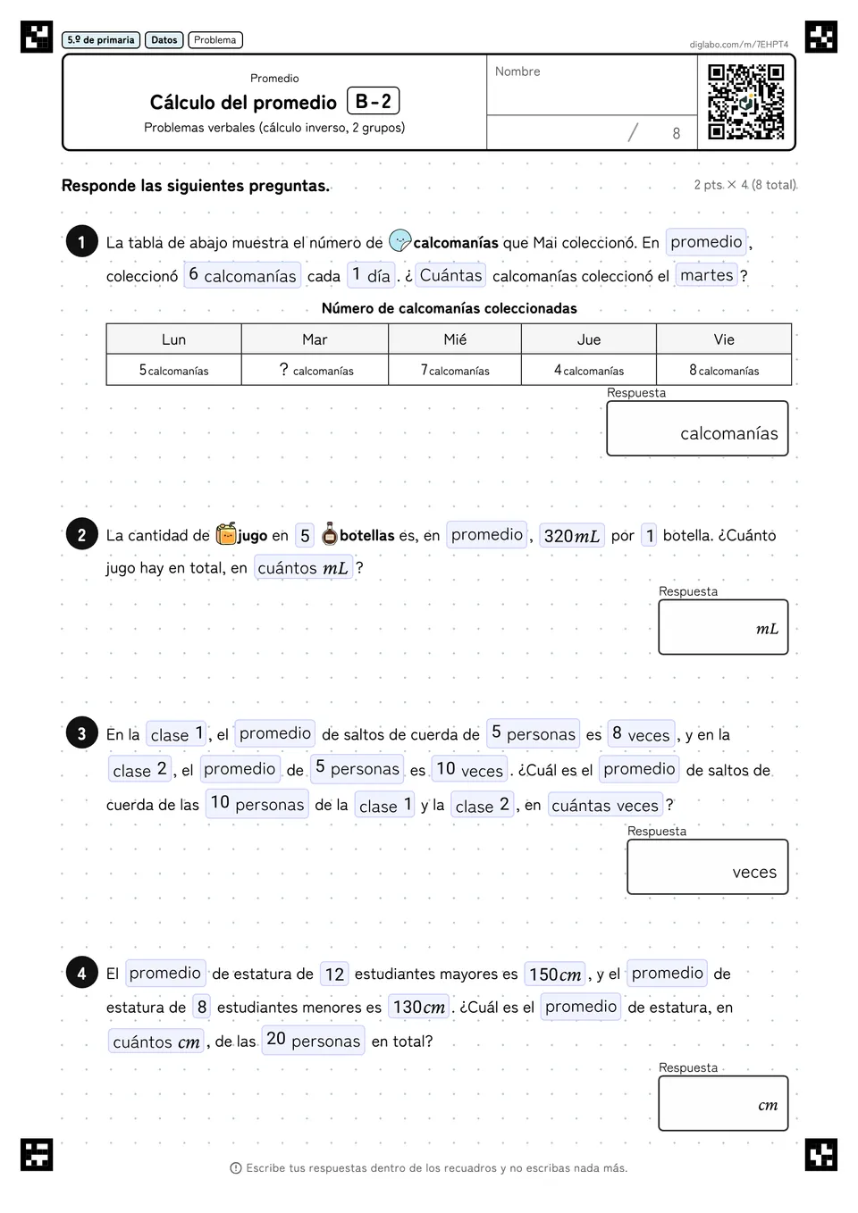 5.º de primaria Promedio Cálculo del promedio