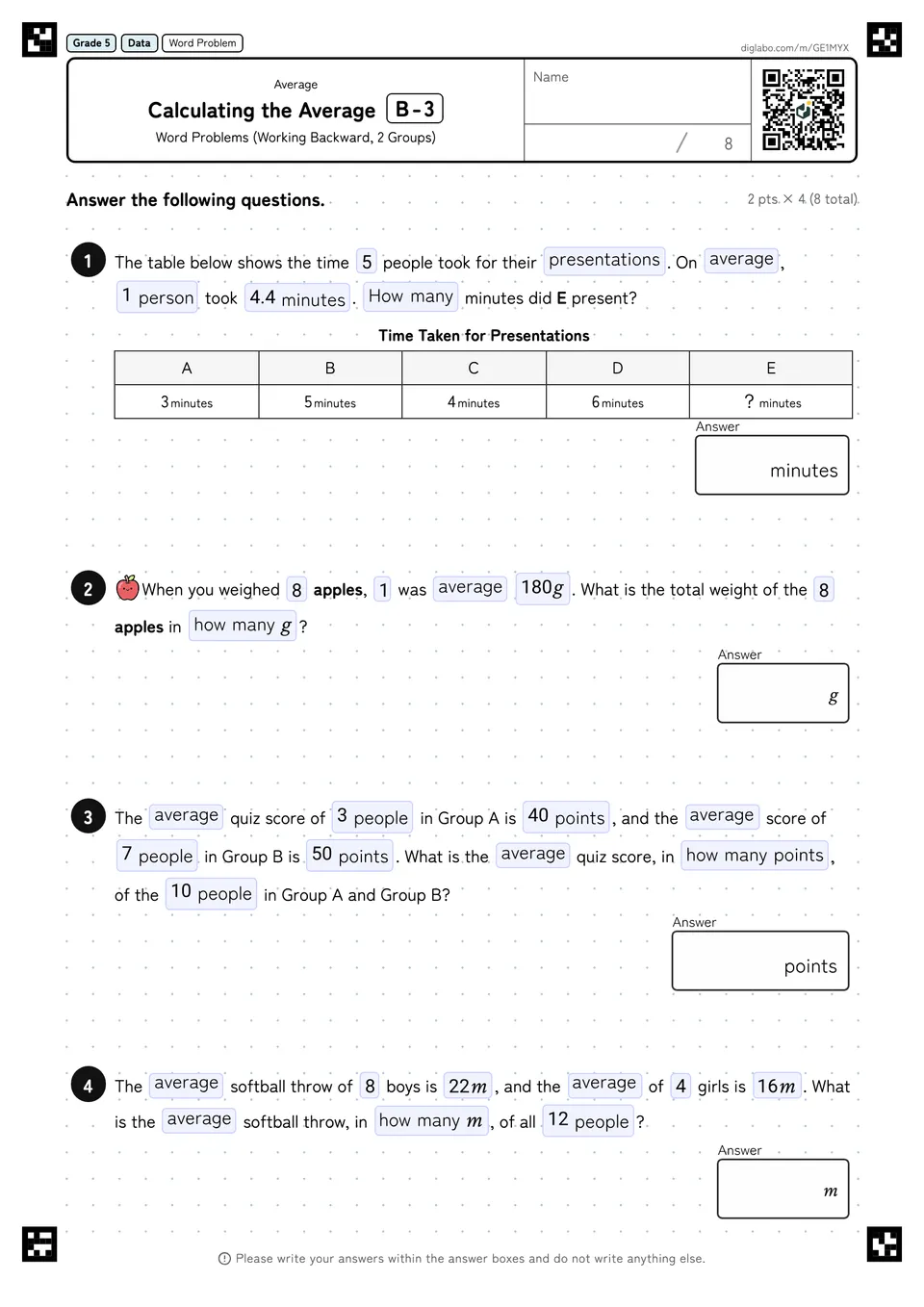 Grade 5 (Elementary School) Average Calculating the Average
