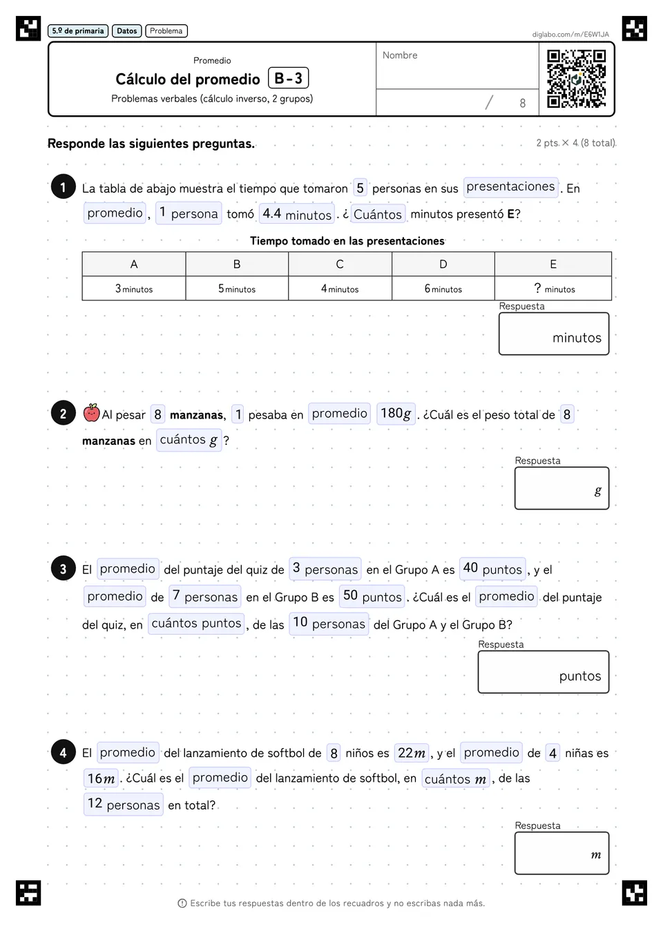 5.º de primaria Promedio Cálculo del promedio
