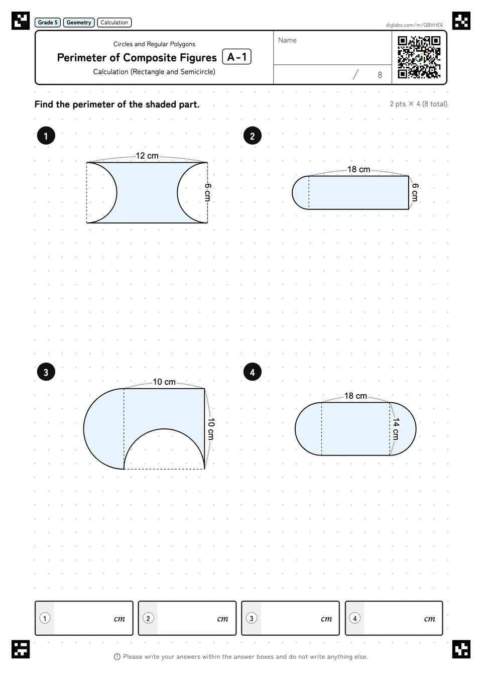 Grade 5 (Elementary School) Circles and Regular Polygons Perimeter of Composite Figures