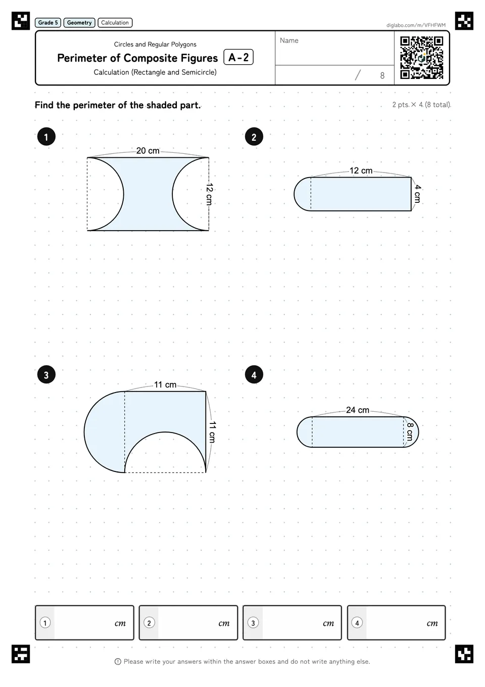 Grade 5 (Elementary School) Circles and Regular Polygons Perimeter of Composite Figures