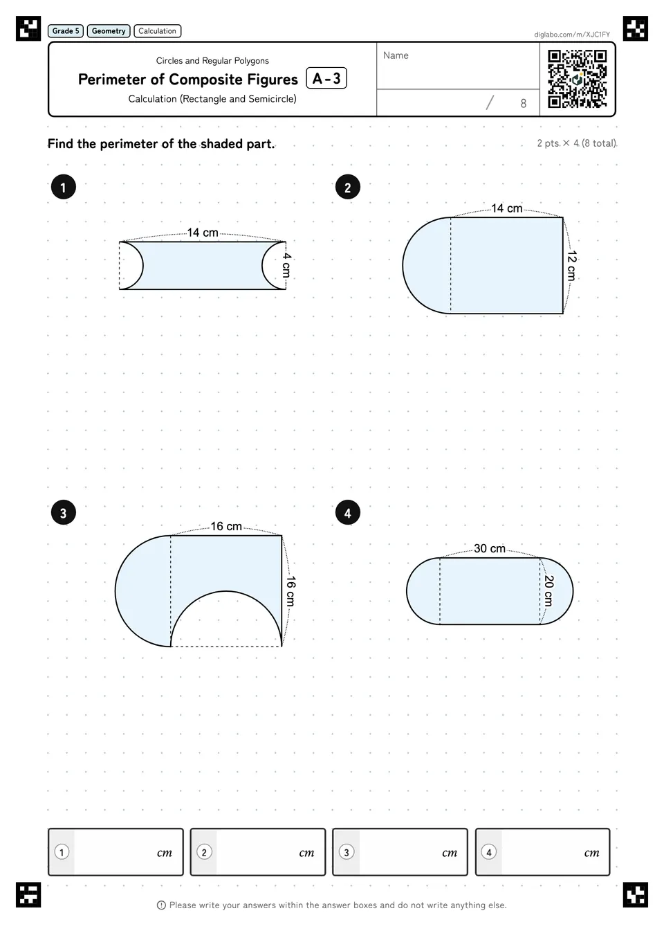Grade 5 (Elementary School) Circles and Regular Polygons Perimeter of Composite Figures