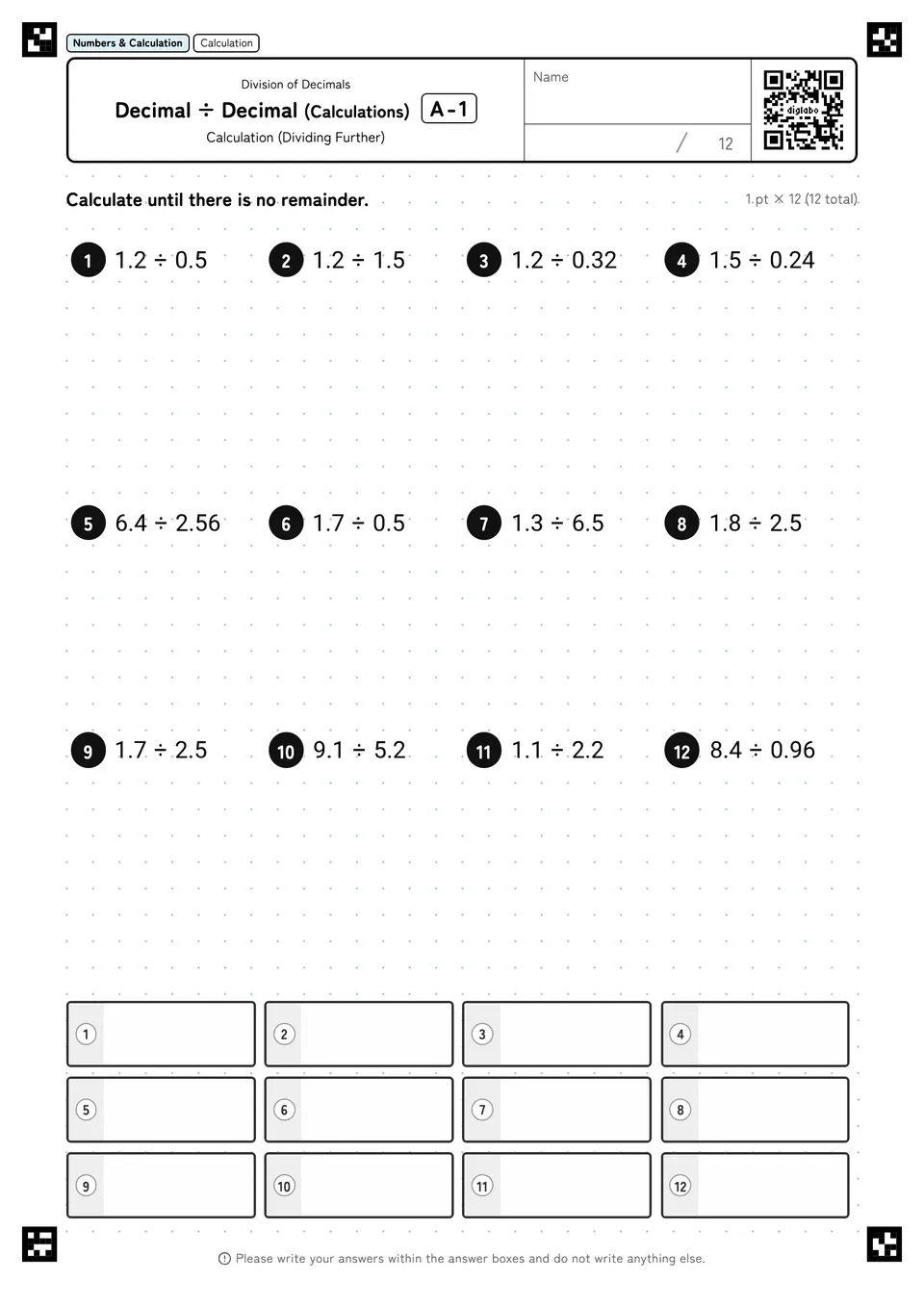 Decimal ÷ Decimal (Calculations) A-1