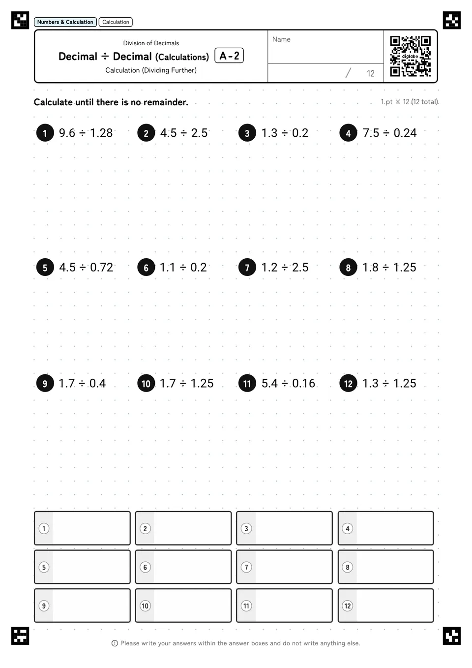 Decimal ÷ Decimal (Calculations) A-2