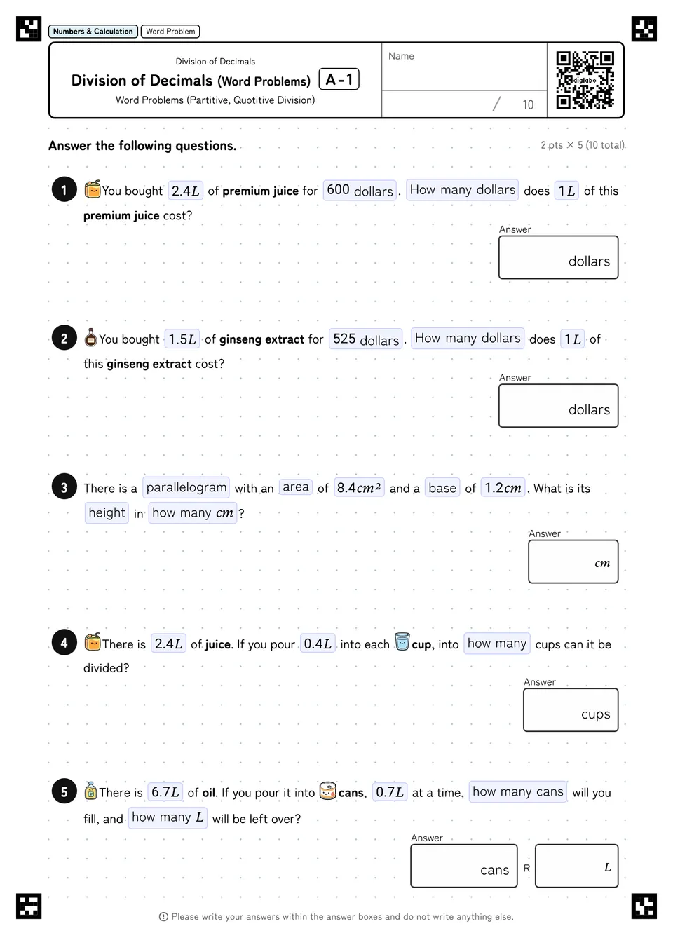 Division of Decimals (Word Problems) A-1