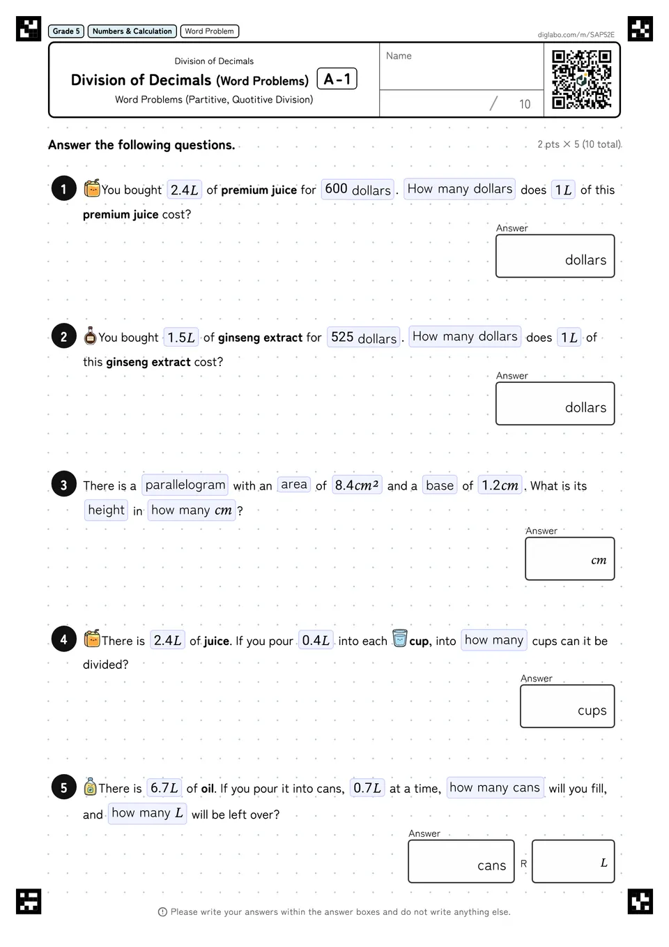 Grade 5 (Elementary School) Division of Decimals Division of Decimals (Word Problems)