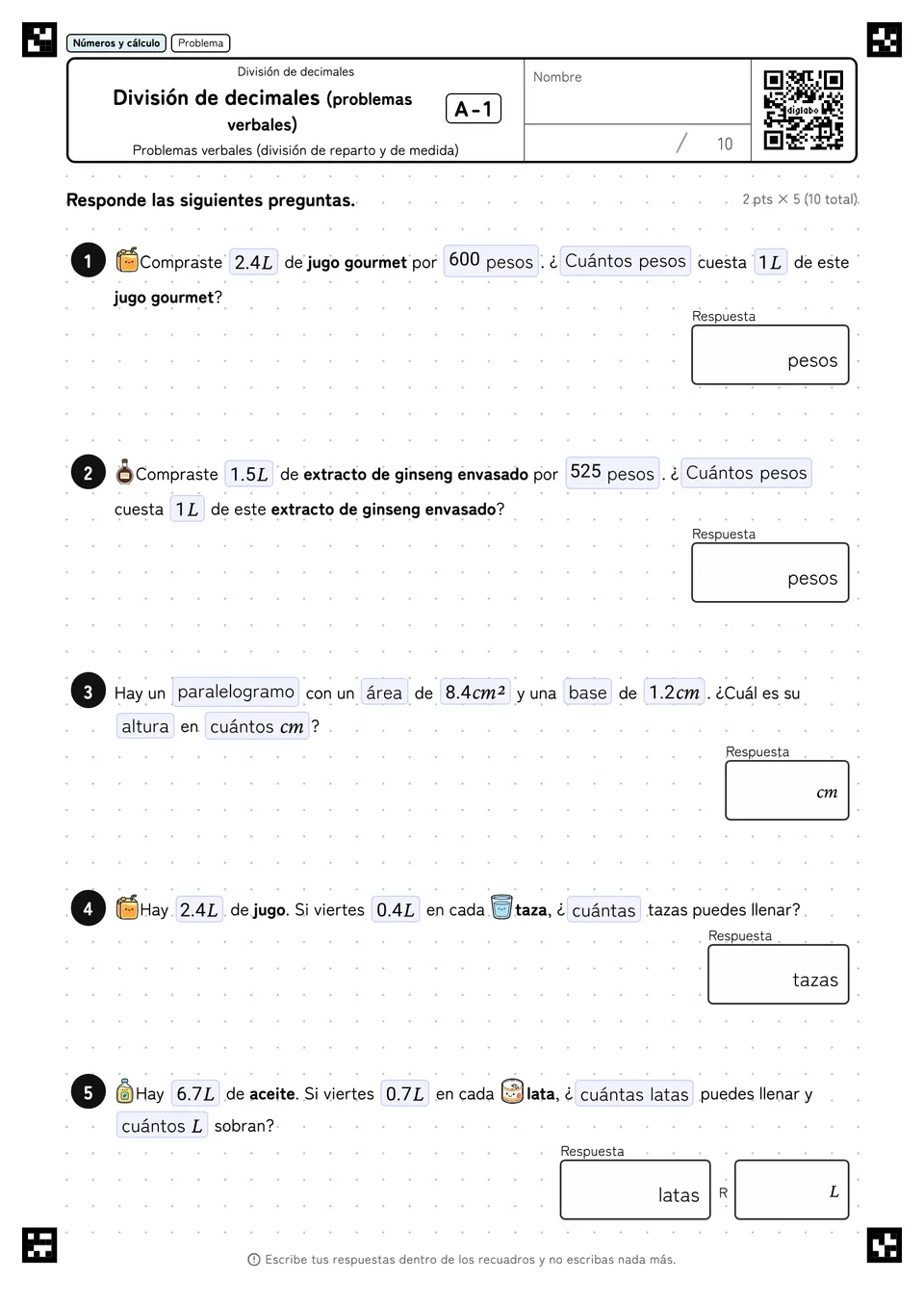 División de decimales (problemas verbales) A-1