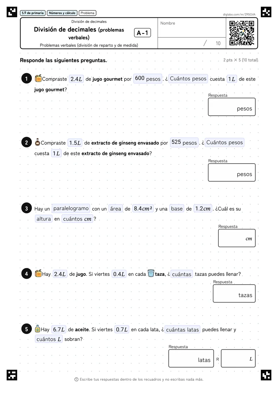 5.º de primaria División de decimales División de decimales (problemas verbales)