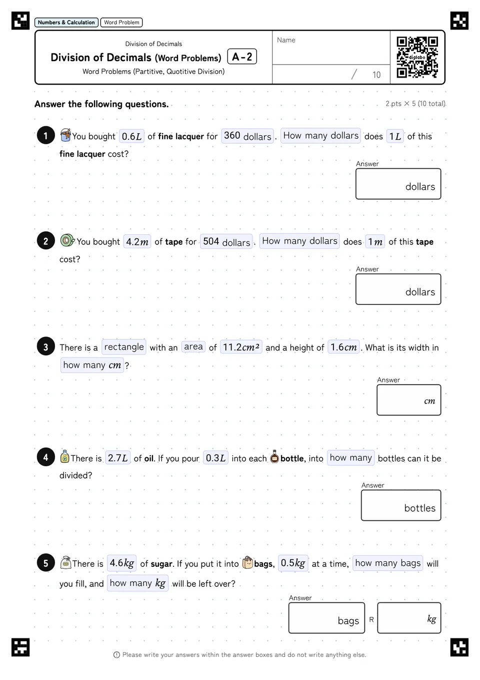 Division of Decimals (Word Problems) A-2