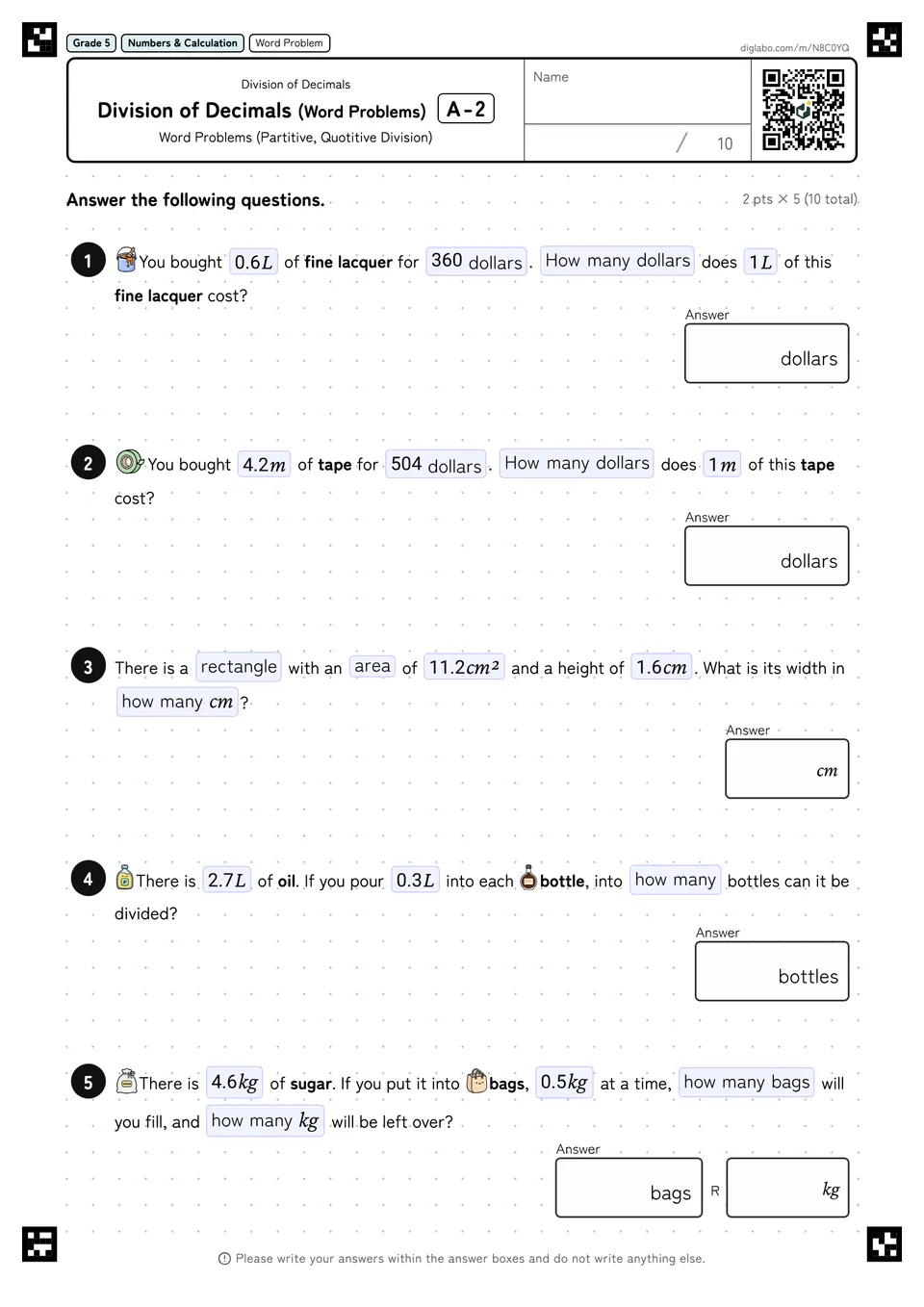 Grade 5 (Elementary School) Division of Decimals Division of Decimals (Word Problems)