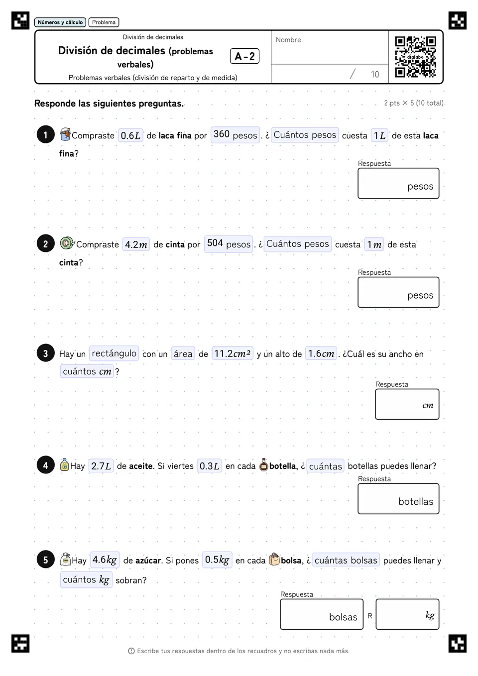División de decimales (problemas verbales) A-2