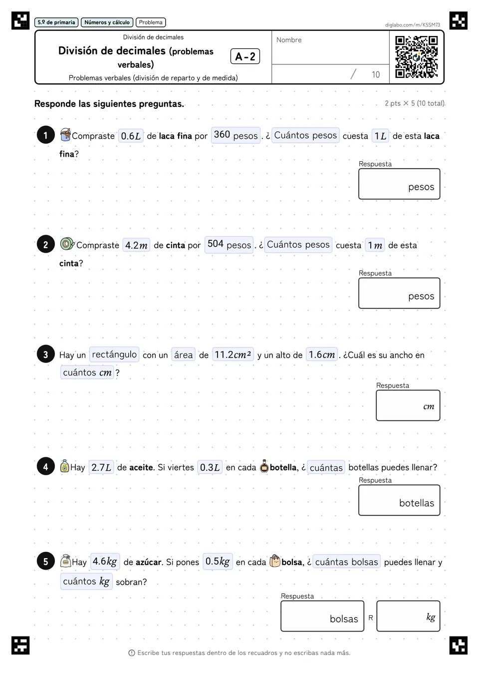 5.º de primaria División de decimales División de decimales (problemas verbales)