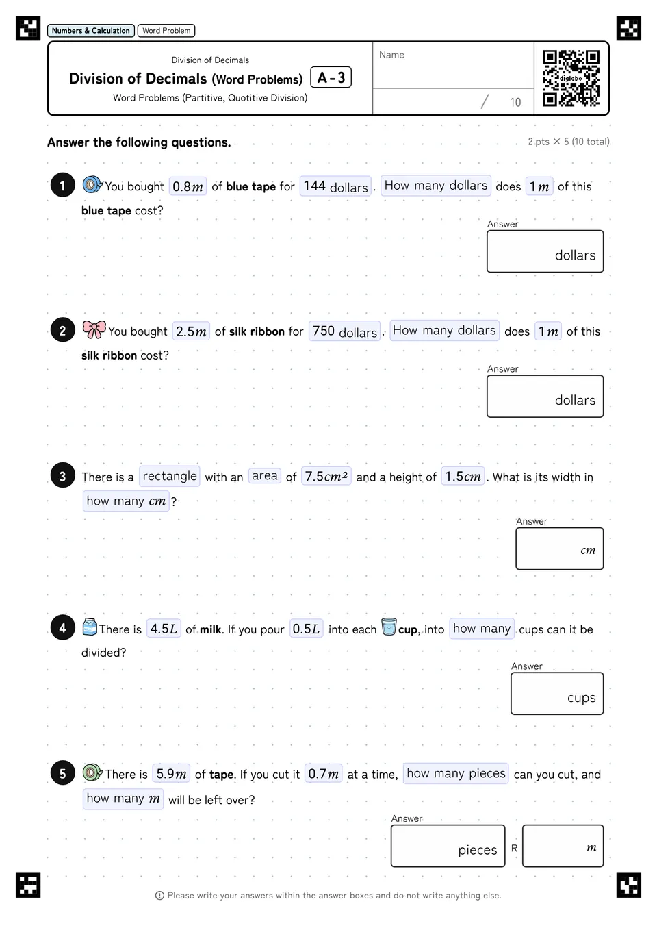 Division of Decimals (Word Problems) A-3