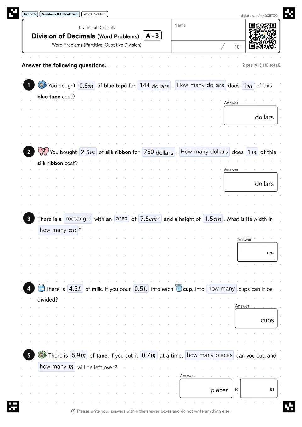 Grade 5 (Elementary School) Division of Decimals Division of Decimals (Word Problems)