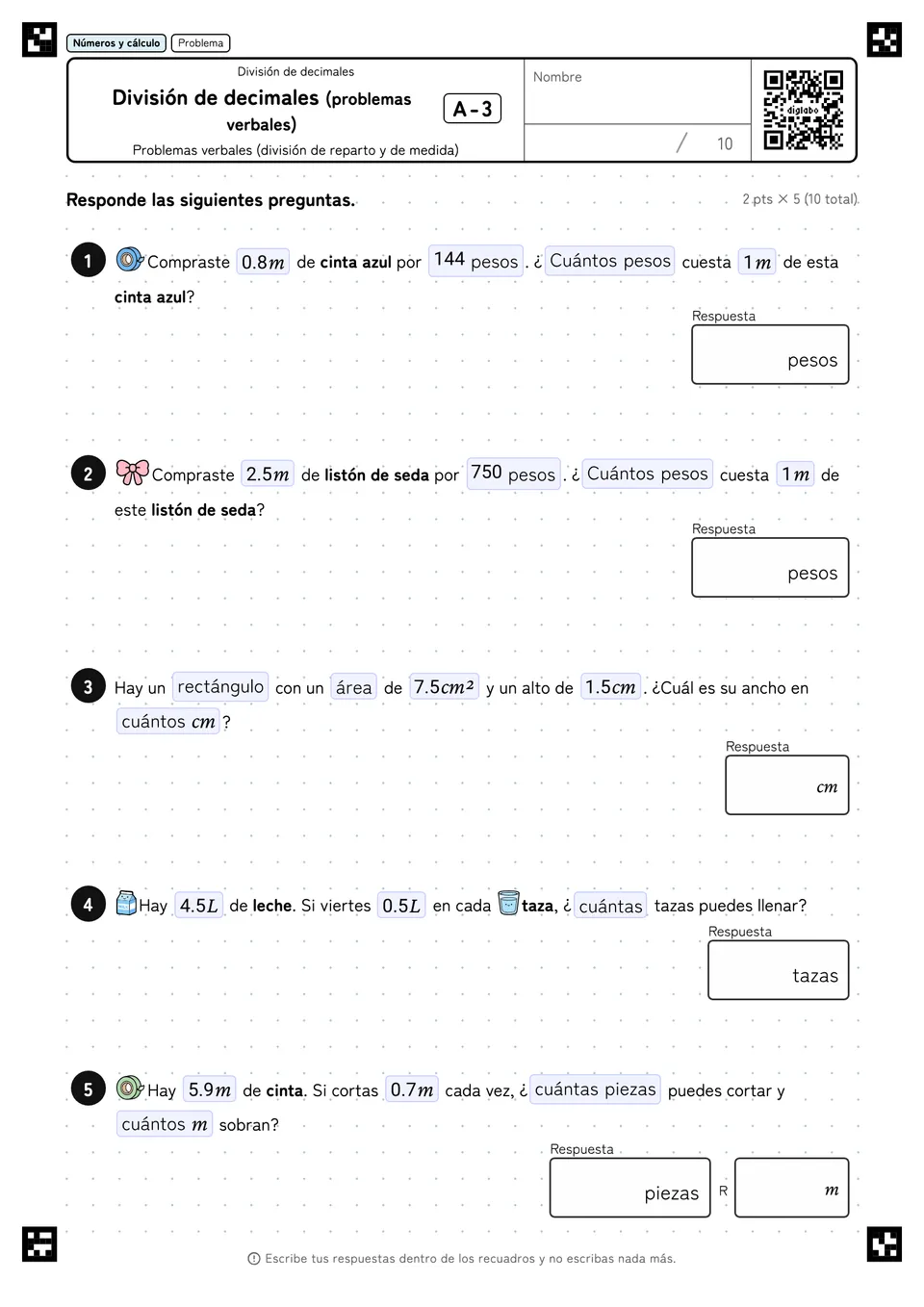 División de decimales (problemas verbales) A-3