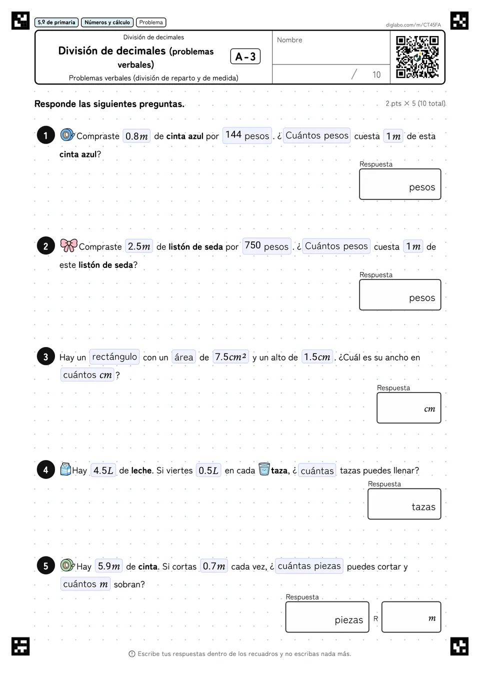 5.º de primaria División de decimales División de decimales (problemas verbales)