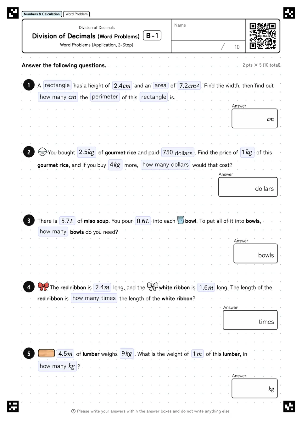 Division of Decimals (Word Problems) B-1