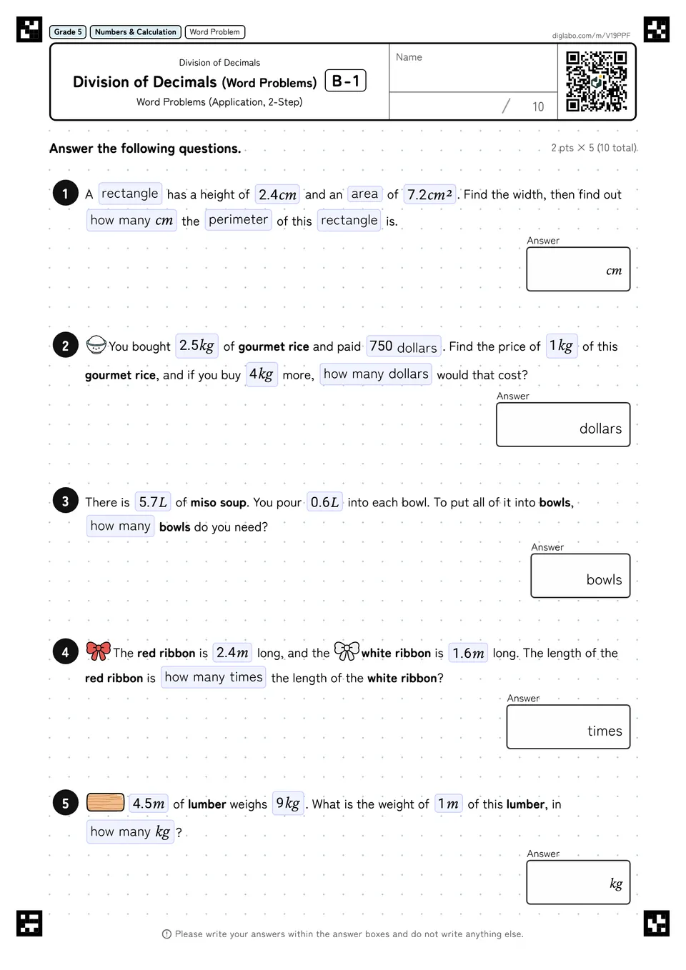 Grade 5 (Elementary School) Division of Decimals Division of Decimals (Word Problems)