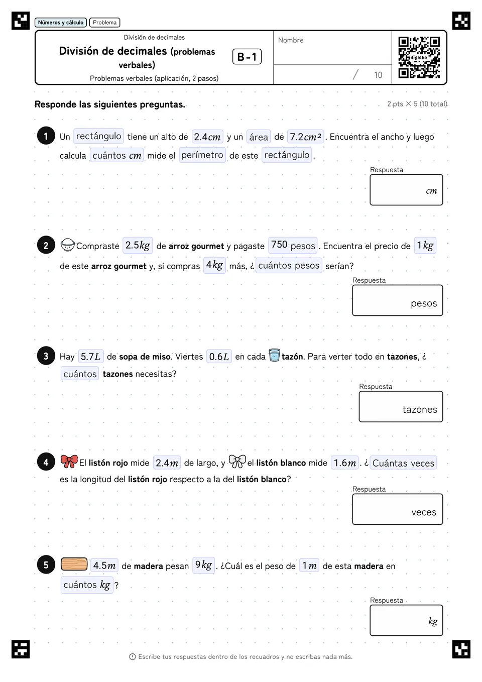 División de decimales (problemas verbales) B-1