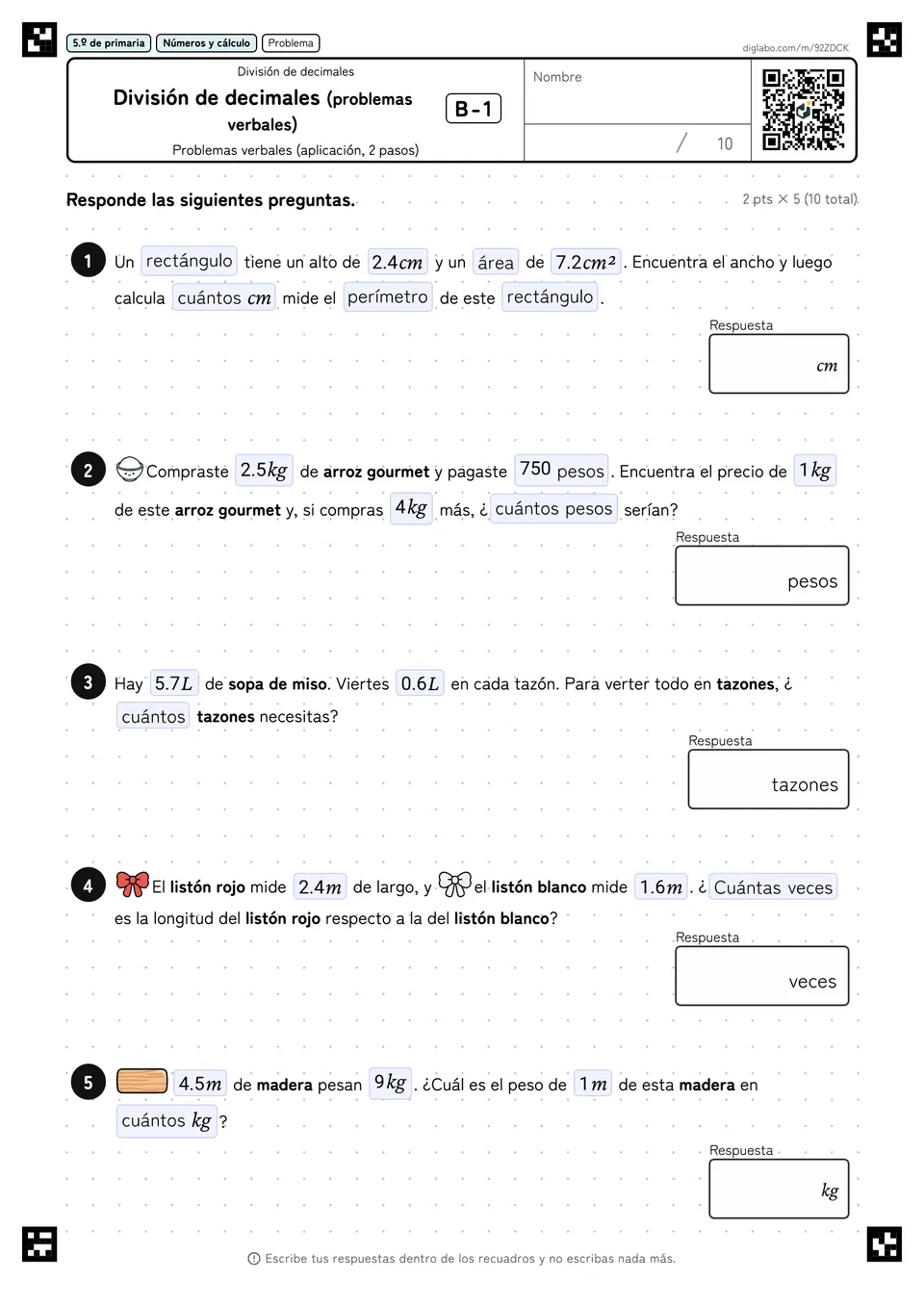5.º de primaria División de decimales División de decimales (problemas verbales)