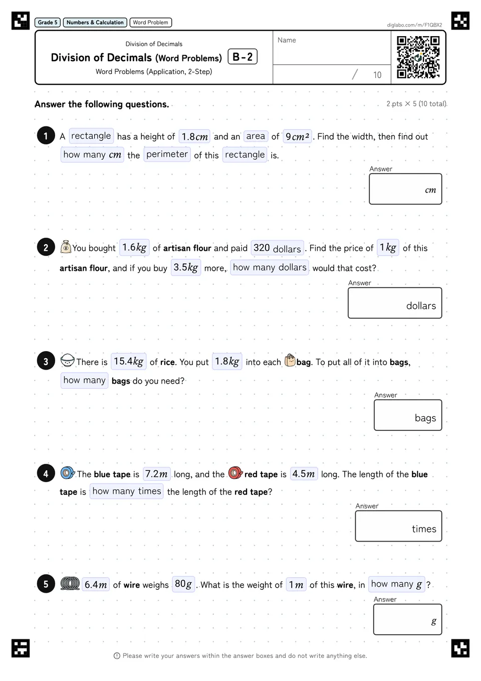 Grade 5 (Elementary School) Division of Decimals Division of Decimals (Word Problems)