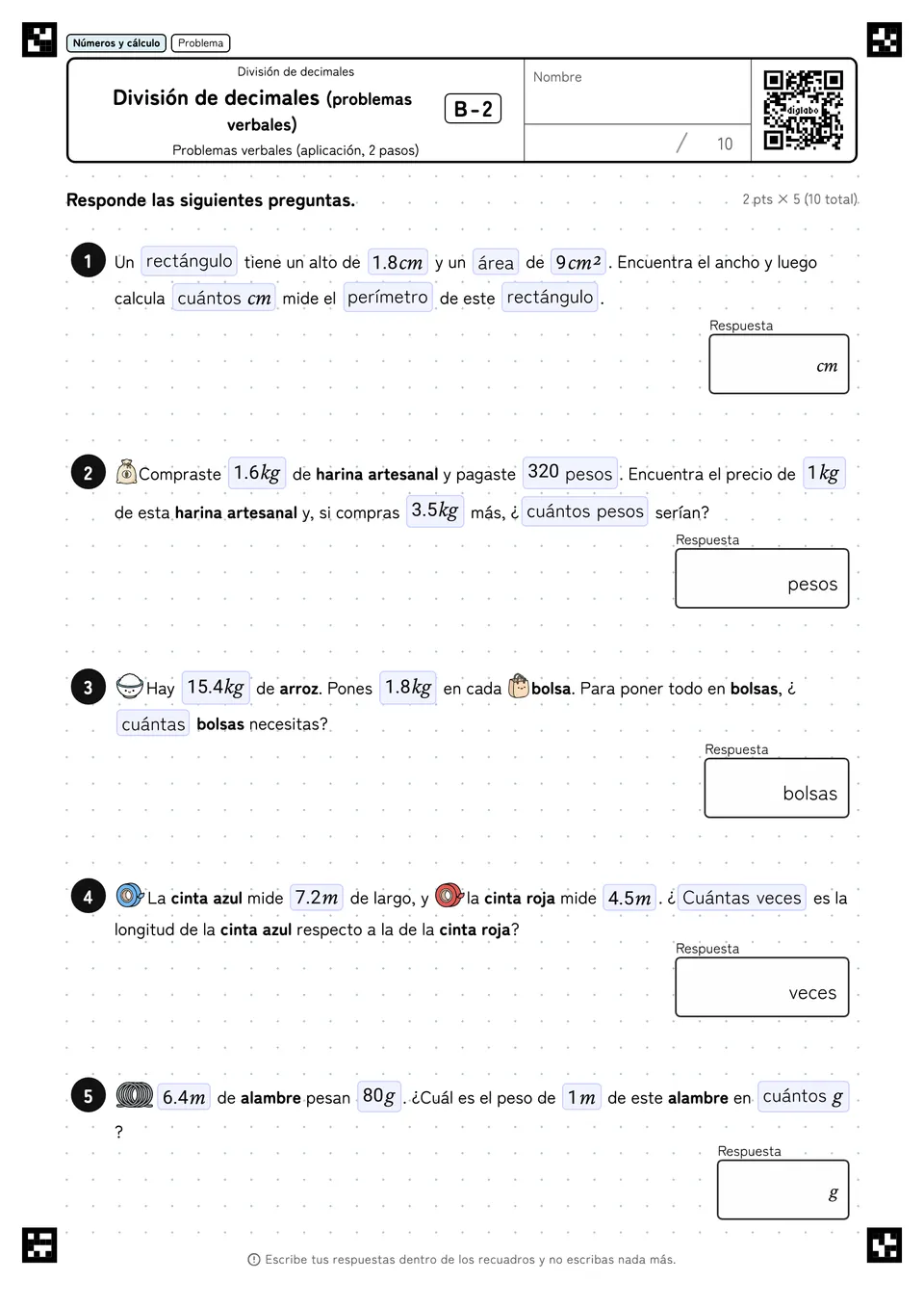 División de decimales (problemas verbales) B-2