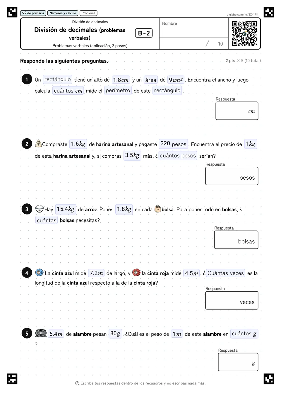 5.º de primaria División de decimales División de decimales (problemas verbales)