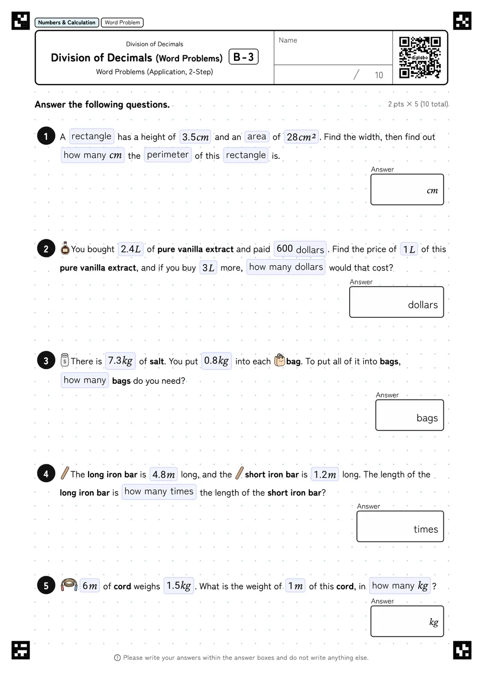 Division of Decimals (Word Problems) B-3