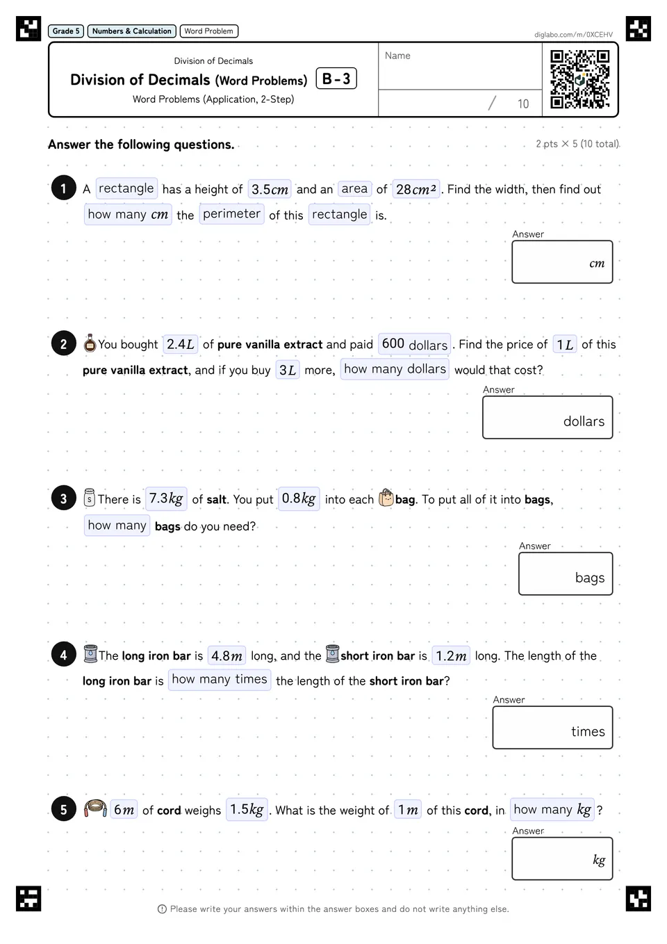 Grade 5 (Elementary School) Division of Decimals Division of Decimals (Word Problems)