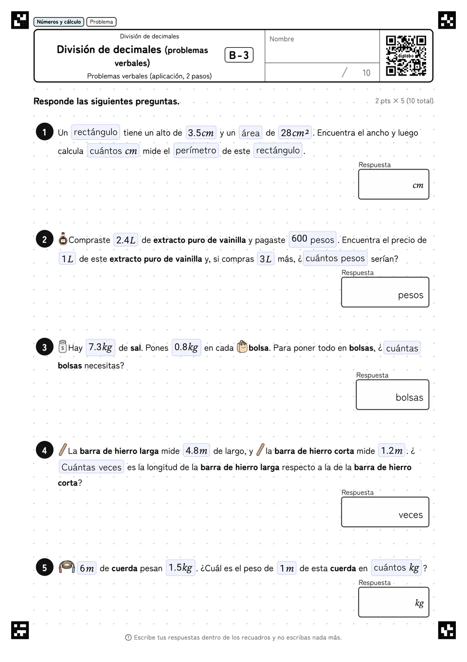 División de decimales (problemas verbales) B-3