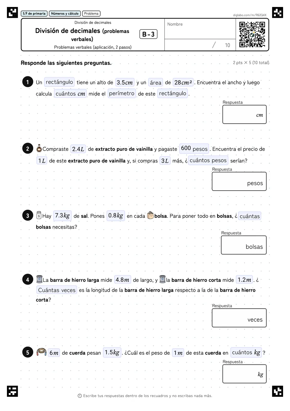 5.º de primaria División de decimales División de decimales (problemas verbales)