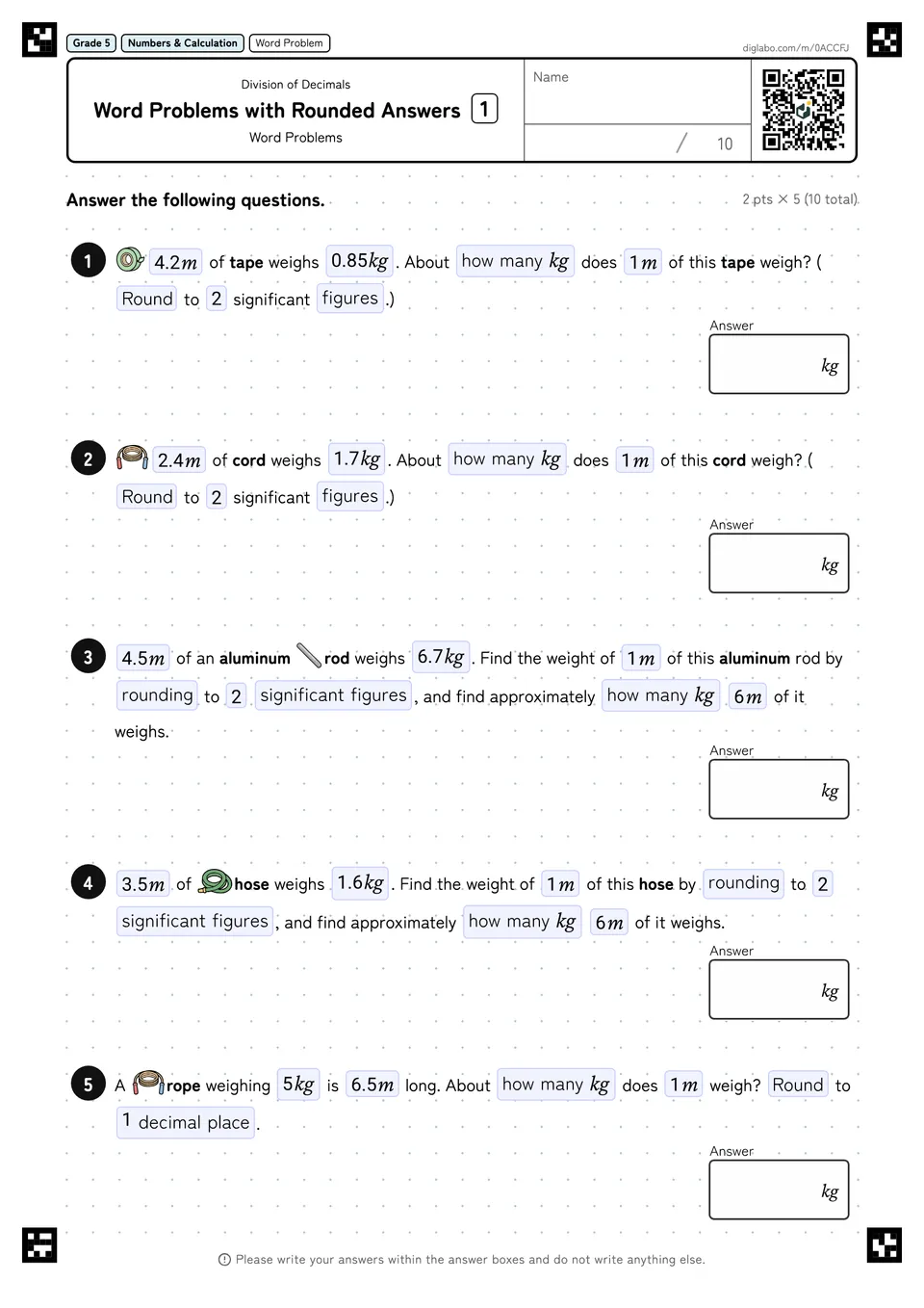 Grade 5 (Elementary School) Division of Decimals Word Problems with Rounded Answers