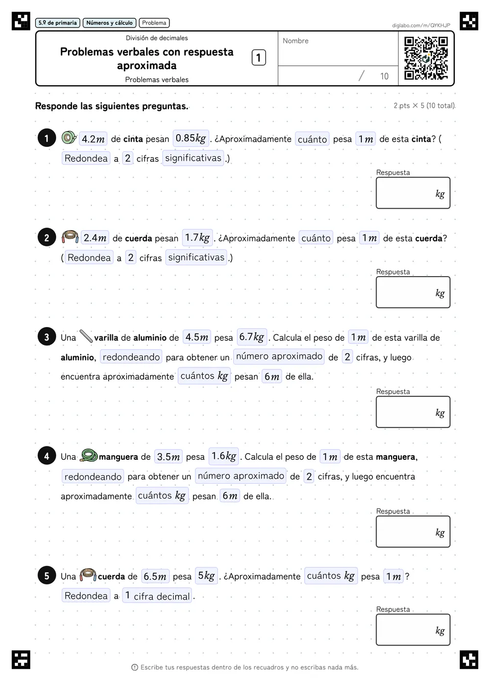 5.º de primaria División de decimales Problemas verbales con respuesta aproximada