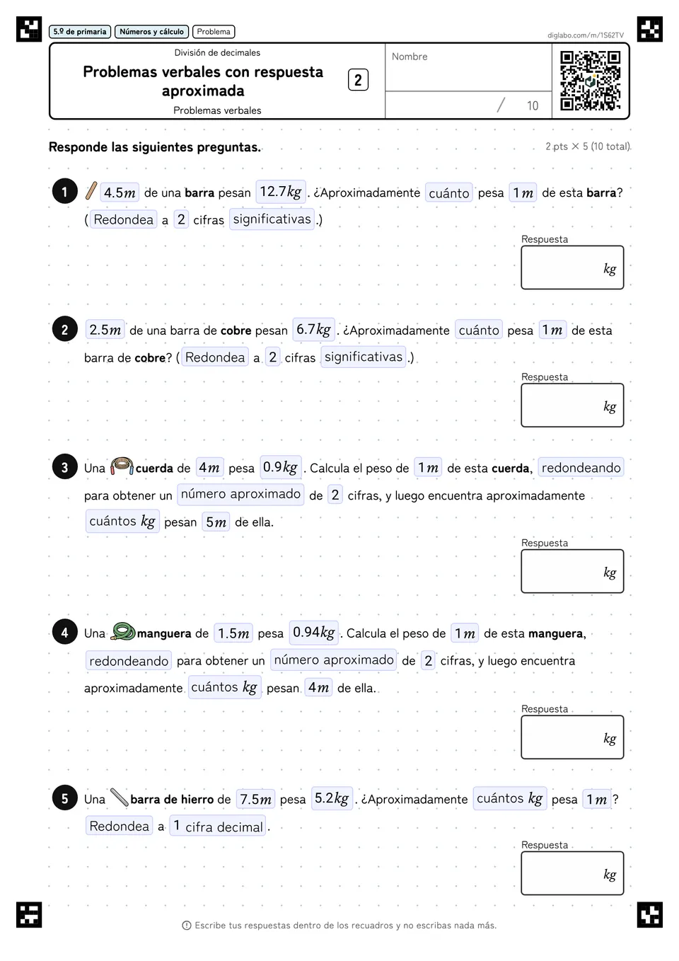 5.º de primaria División de decimales Problemas verbales con respuesta aproximada