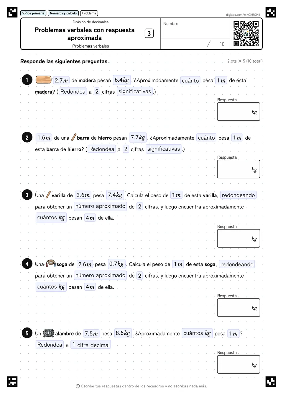 5.º de primaria División de decimales Problemas verbales con respuesta aproximada
