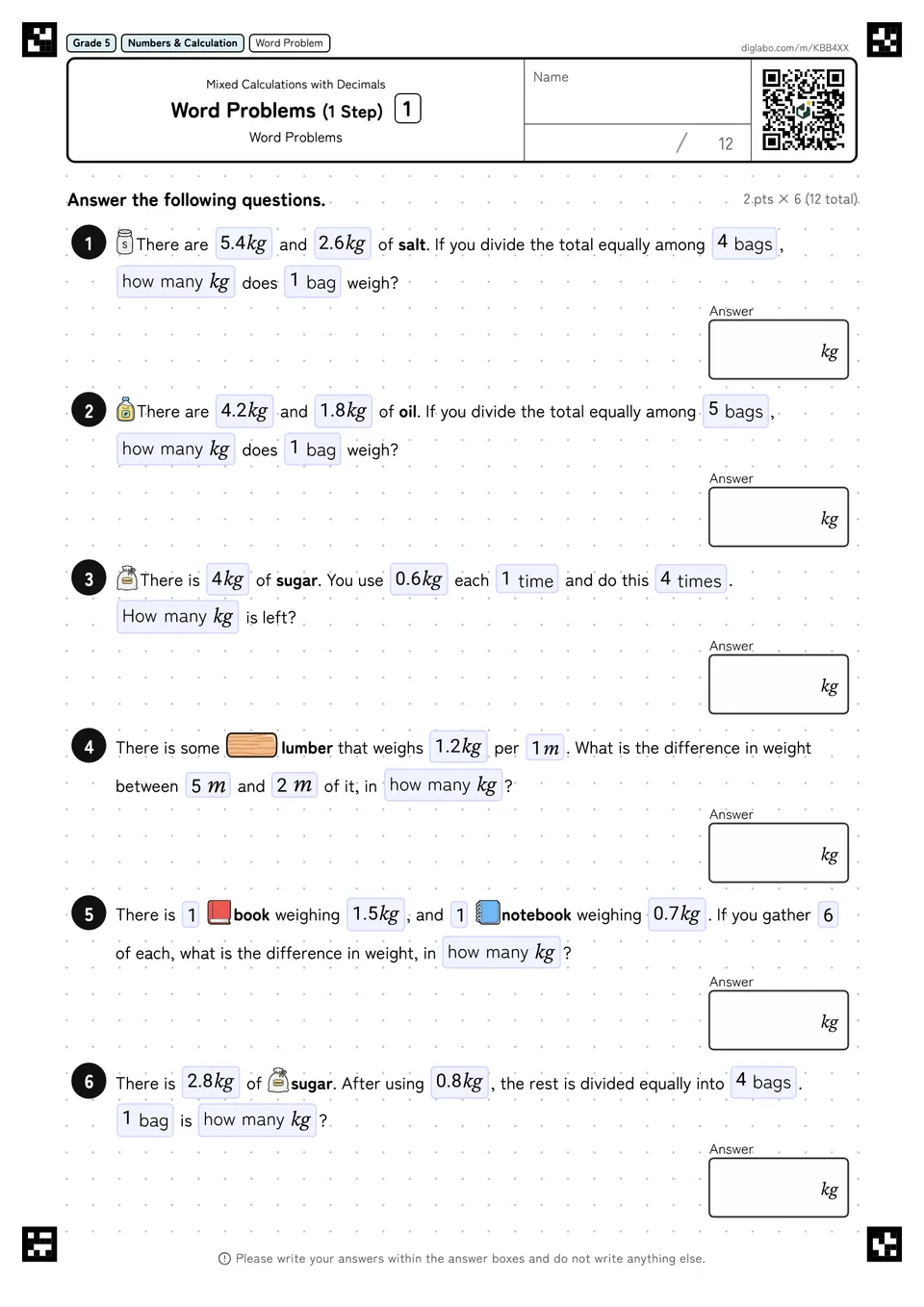 Grade 5 (Elementary School) Mixed Calculations with Decimals Word Problems (1 Step)