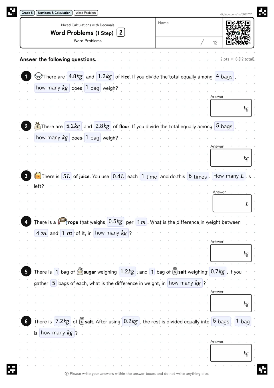 Grade 5 (Elementary School) Mixed Calculations with Decimals Word Problems (1 Step)