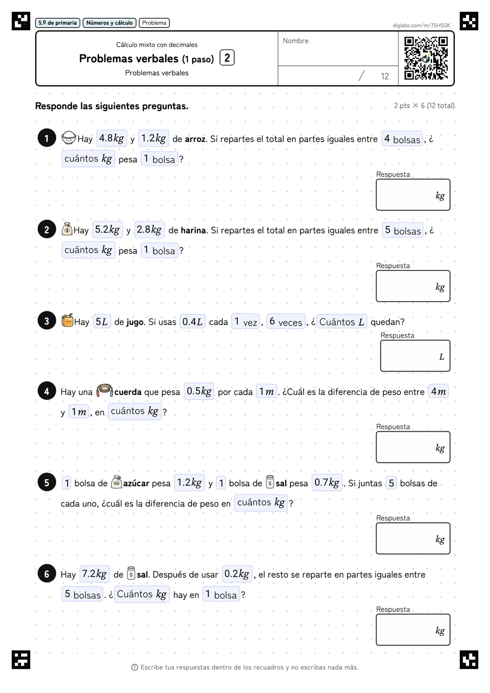5.º de primaria Cálculo mixto con decimales Problemas verbales (1 paso)