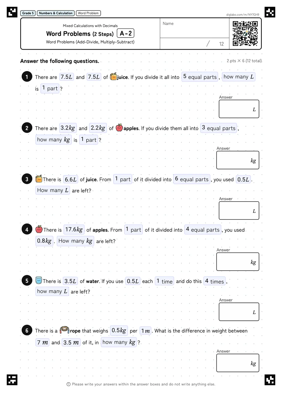 Grade 5 (Elementary School) Mixed Calculations with Decimals Word Problems (2 Steps)