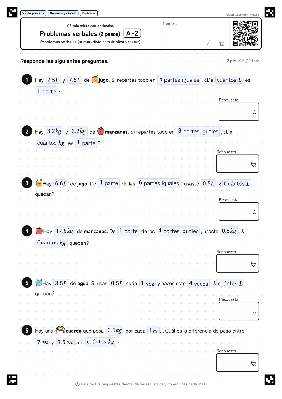 5.º de primaria Cálculo mixto con decimales Problemas verbales (2 pasos)