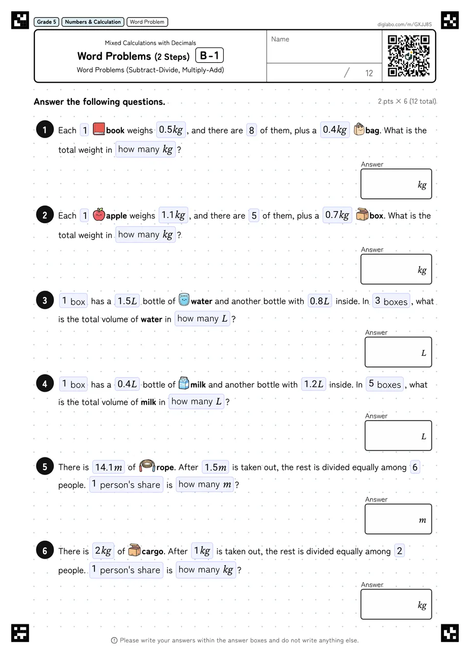 Grade 5 (Elementary School) Mixed Calculations with Decimals Word Problems (2 Steps)