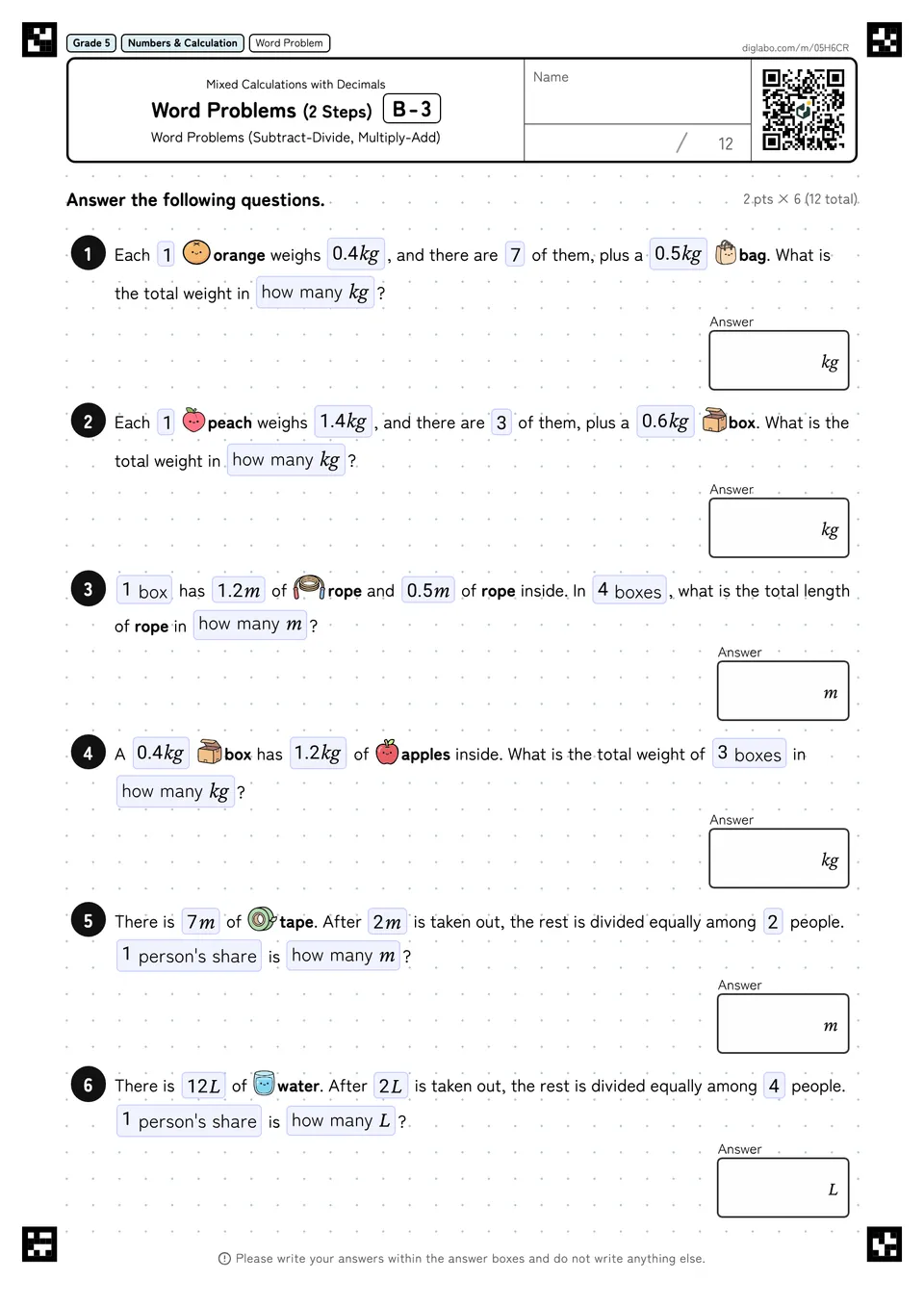 Grade 5 (Elementary School) Mixed Calculations with Decimals Word Problems (2 Steps)