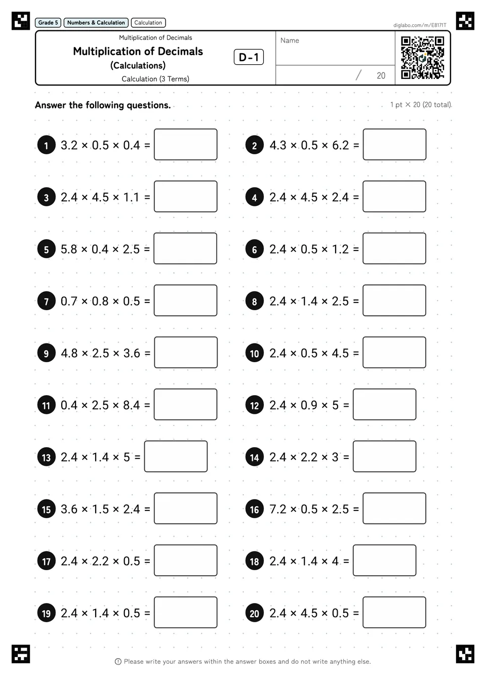 Grade 5 (Elementary School) Multiplication of Decimals Multiplication of Decimals (Calculations)